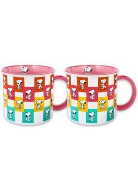 Peanuts Snoopy 75th Anniversary Stoneware Mug Set (2) 21 Oz Pink Interior NEW